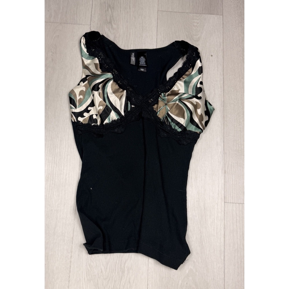 Bisou Bisou Womens M Y2K Lace Floral Tank Top Black Ribbed Fairy Grunge 2000s